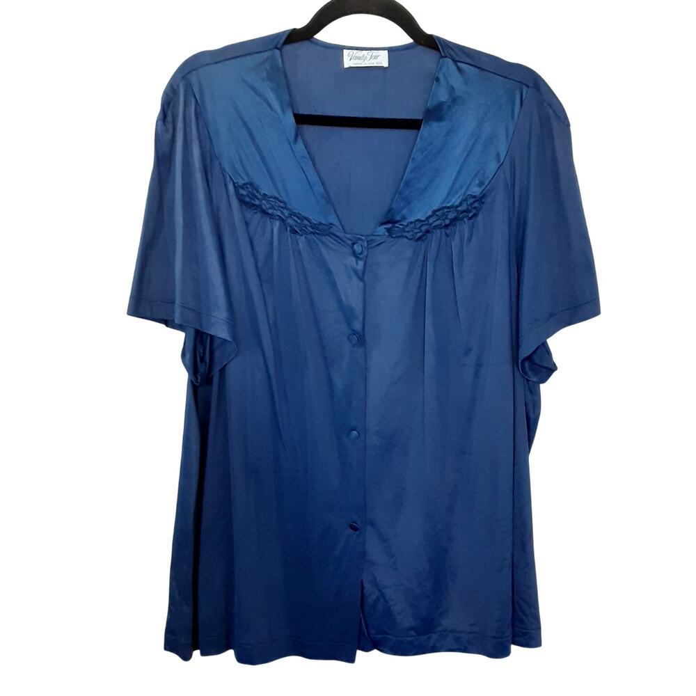 Vintage 70s Vanity Fair Satin Pajamas Set Button Up Nylon PJ Set Royal Blue 3X